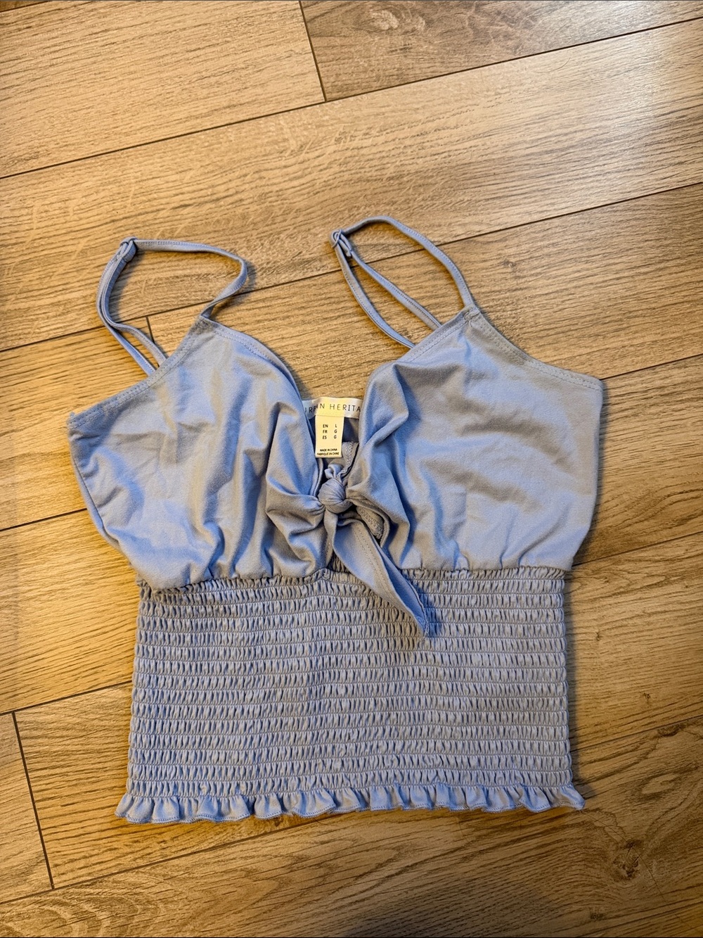 Light Blue Smocked Tie-Front Crop Top